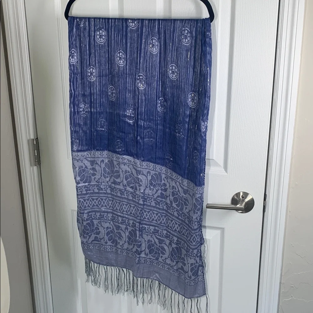 Blue Patterned silk Scarf with Fringe